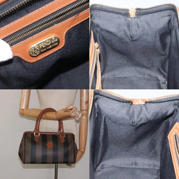 FENDI Pecan Canvas Hand Bag Brown Black gold Auth yk18138 - Picture 14 of 15